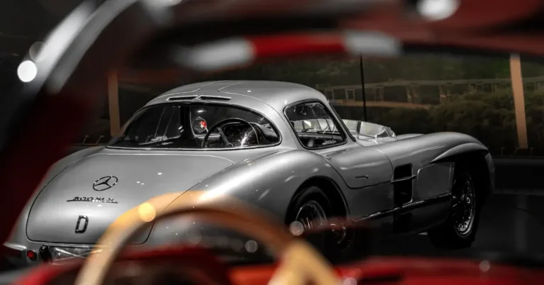 Looking at the 1955 Mercedes 300 SLR Uhlenhaut Coupe throught the Front window of an old Mercedes Cabrio