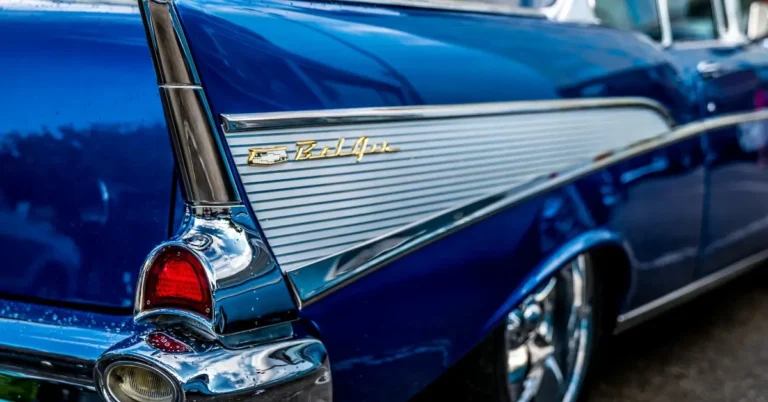 A Blue Chevrolet Bel Air photographed from behind right
