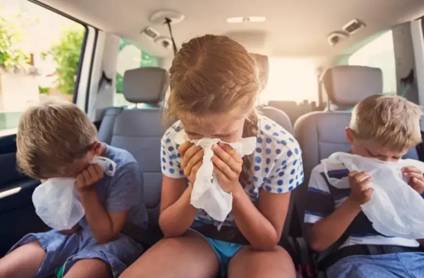 Three children on abackseat of a car, vomiting in a paperbag