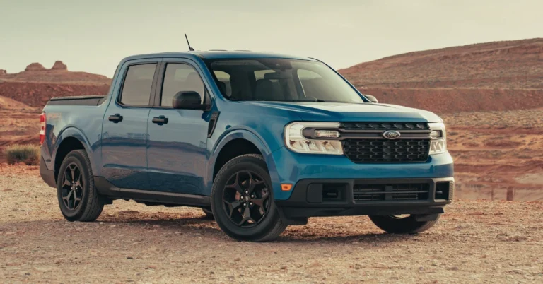 A blue Ford Maverick standing in the desert