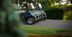 A few Golf carts standing in a row on grass