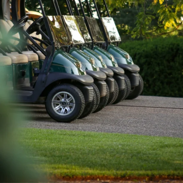 A few Golf carts standing in a row on grass