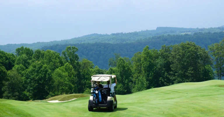 A Golf Cart driving down a Golf Court with a Forest in the background