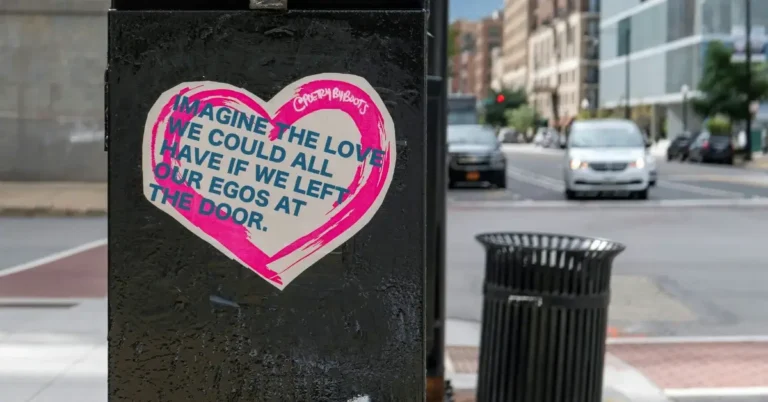 Garbage Can with a sticker on that says "Imagine the Love we could al have if we left our Egos at the Door"
