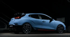 The Sideview of a Babyblue Hyundai Veloster N