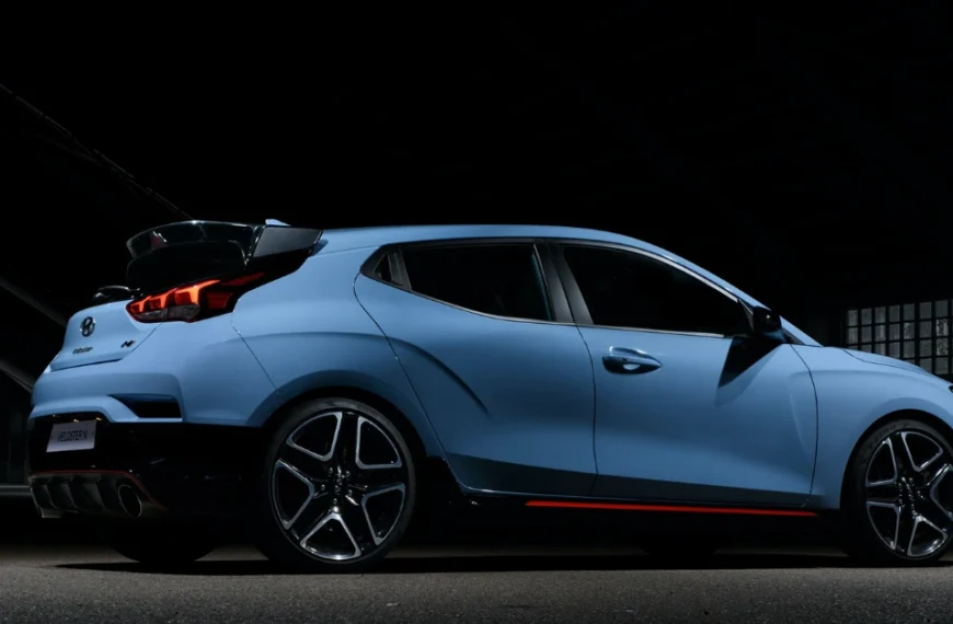 The Sideview of a Babyblue Hyundai Veloster N