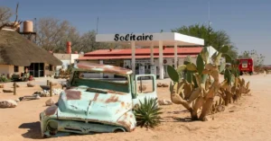A rusted car without wheels in a desert like area at a gas station