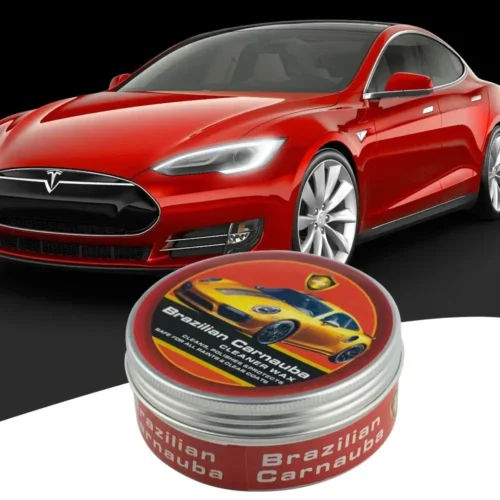 A Jar of Wax with a polished red Tesla in the Background