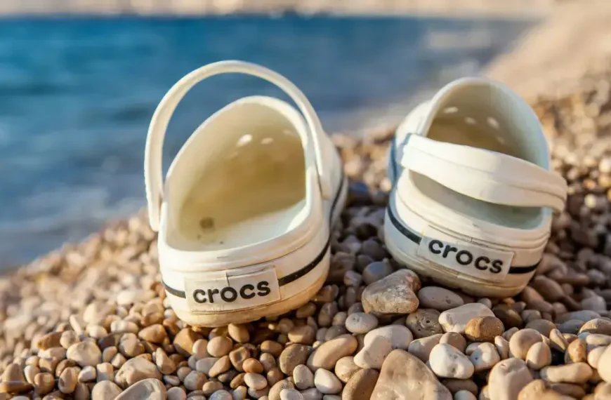 Two white Crocs standing on a Sandbeach